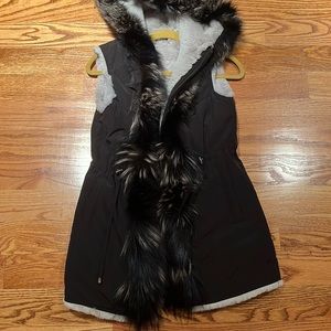 Reversible long vest with real rabbit fur trim so gorgeous and cozy & luxurious